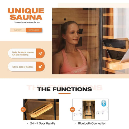 Thermora Luxury 2-Person Low EMF FAR Infrared Heat Wood Home Personal Spa Sauna W/ Panoramic Tempered Glass 2000W