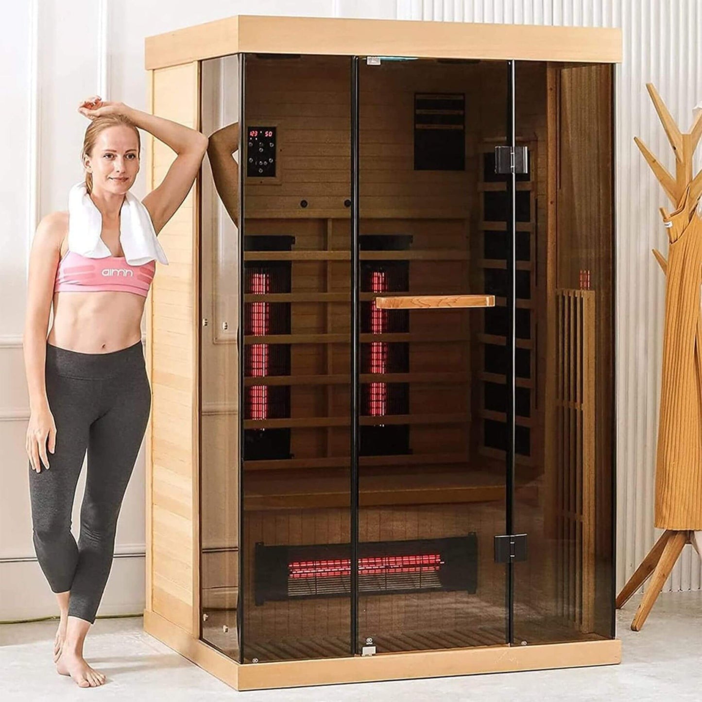 Thermora Luxury 2-Person Low EMF FAR Infrared Heat Wood Home Personal Spa Sauna W/ Panoramic Tempered Glass 2000W