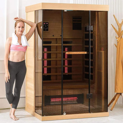 Thermora Luxury 2-Person Low EMF FAR Infrared Heat Wood Home Personal Spa Sauna W/ Panoramic Tempered Glass 2000W