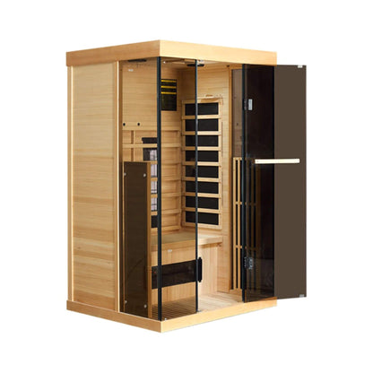 Thermora Luxury 2-Person Low EMF FAR Infrared Heat Wood Home Personal Spa Sauna W/ Panoramic Tempered Glass 2000W