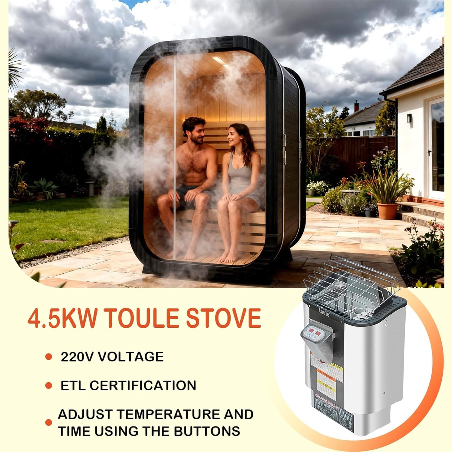 Thermora Lund Luxury 2-Person Outdoor Spruce Wood Cube Sauna Kit with 4.5KW Electric Stove