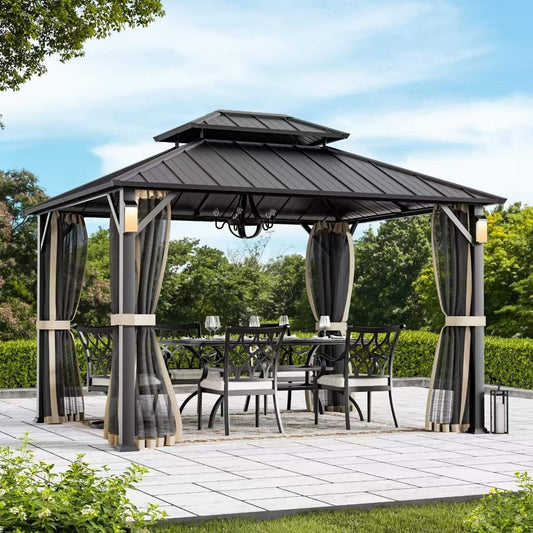 Alora Luxury Double Roof Hardtop Aluminum Gazebo with Decor Hooks, Mosquito Nettings, and LED Lights