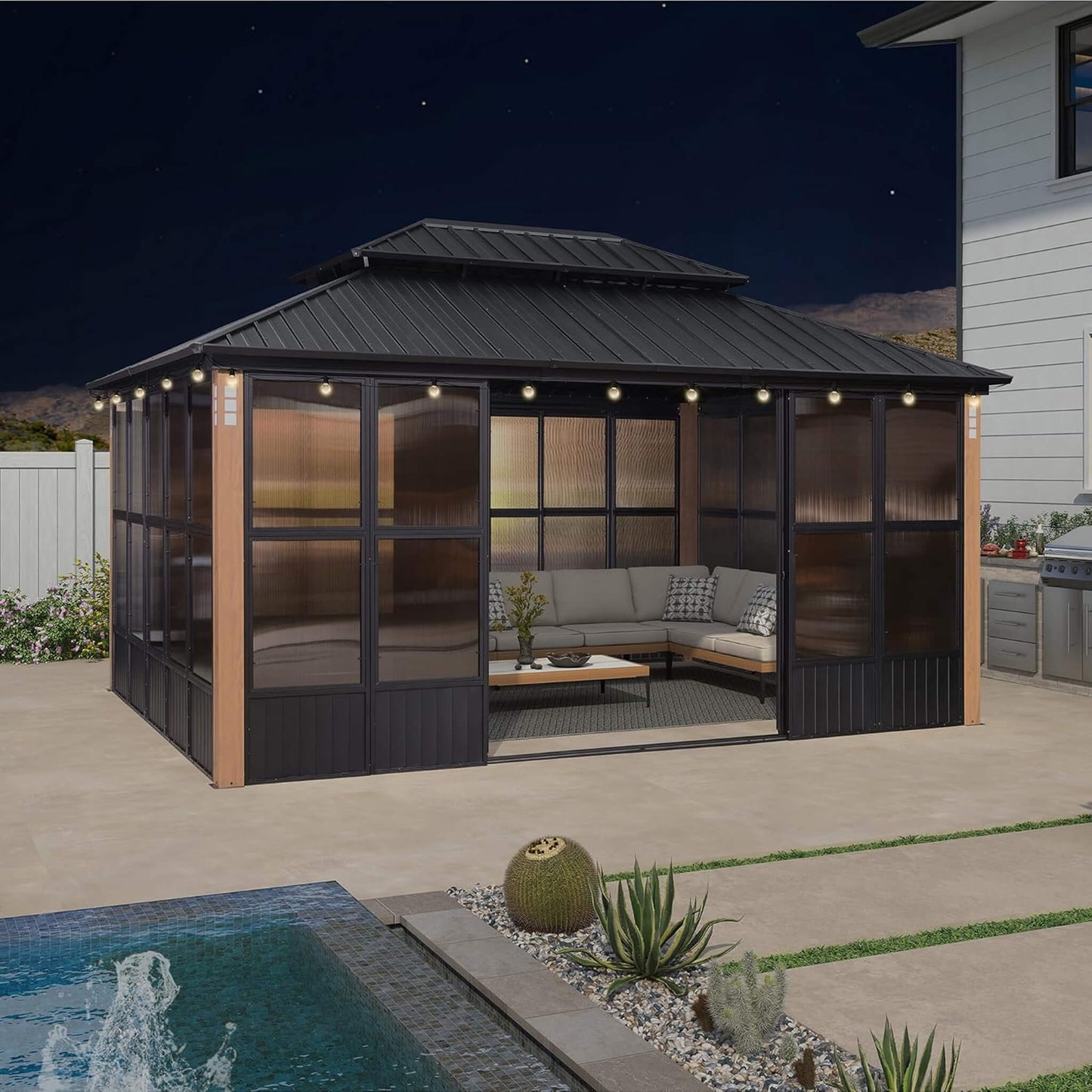 Alora Luxury Heavy-Duty Hardtop Sunroom with Aluminum Frame and LED Lights