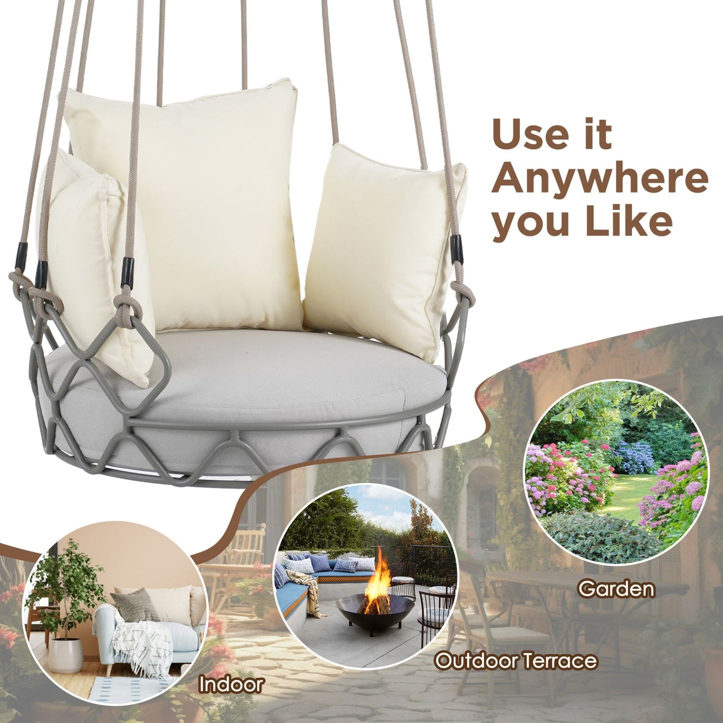 Alora Luxury Outdoor Hanging Basket Porch Swing Chair with UV Resistant Cushions