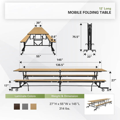 Mobile School Cafeteria Table with Benches and Lift Assist System