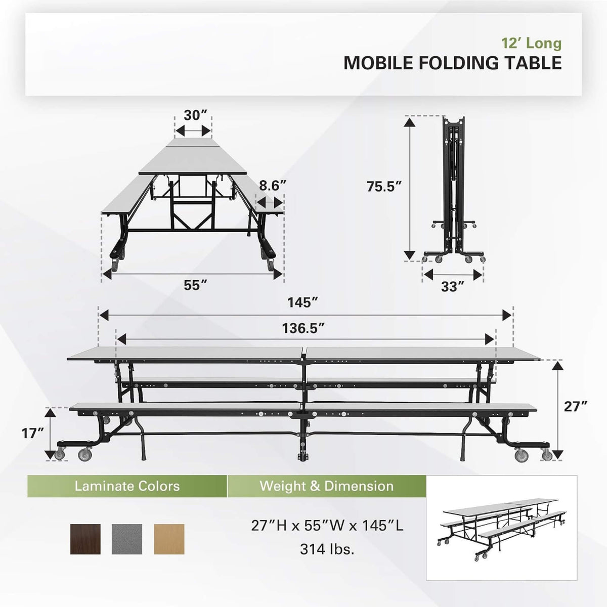 Mobile School Cafeteria Table with Benches and Lift Assist System
