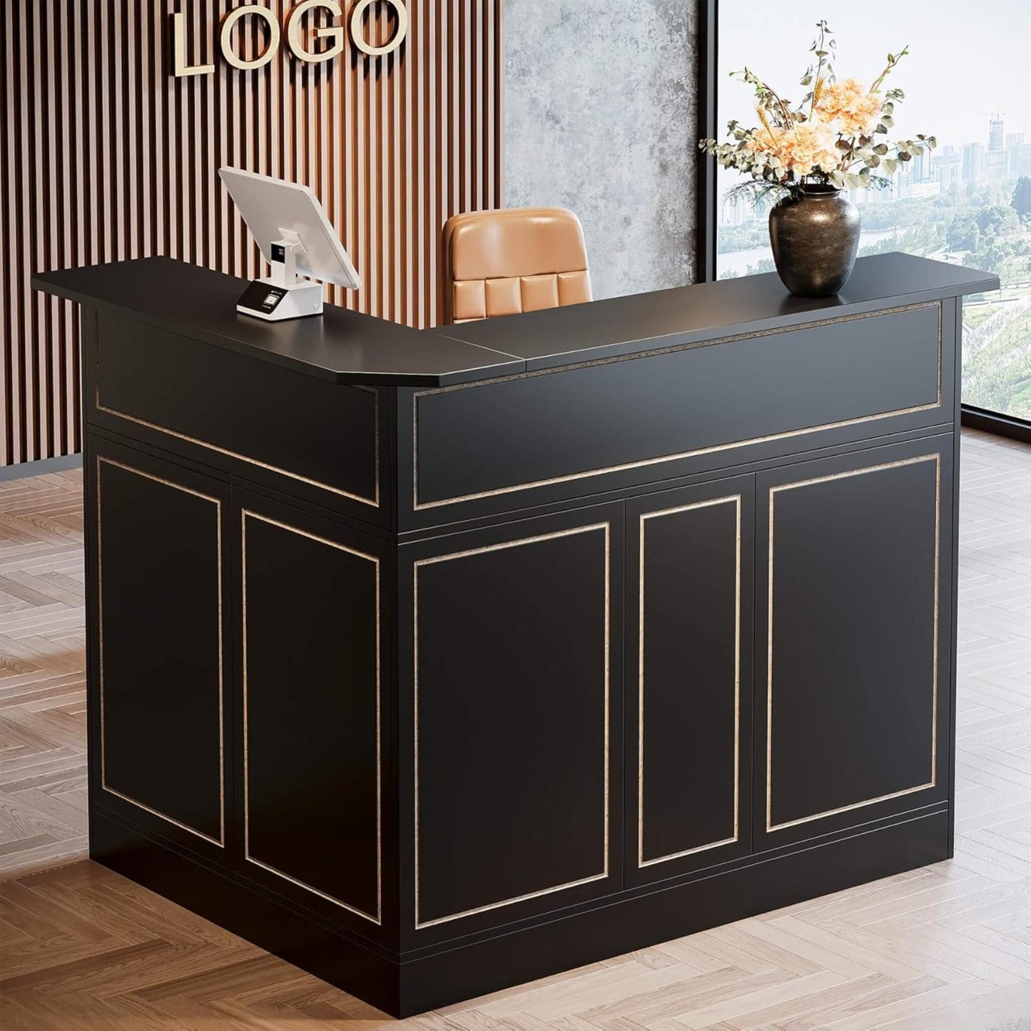 Velmor Modern L-Shaped Reception Desk with Storage Shelves