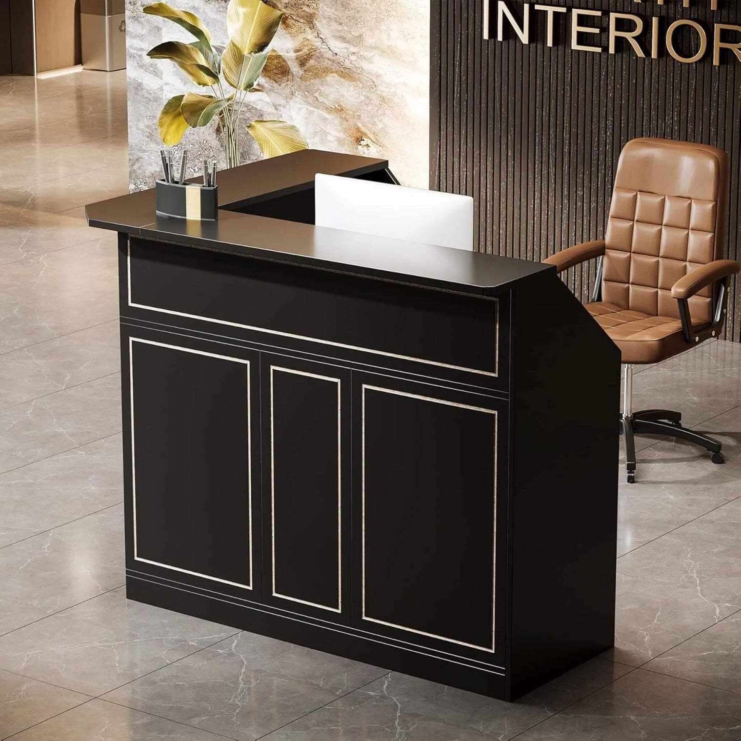 Velmor Modern L-Shaped Reception Desk with Storage Shelves