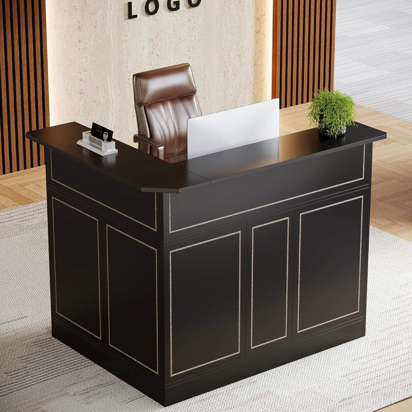 Velmor Modern L-Shaped Reception Desk with Storage Shelves