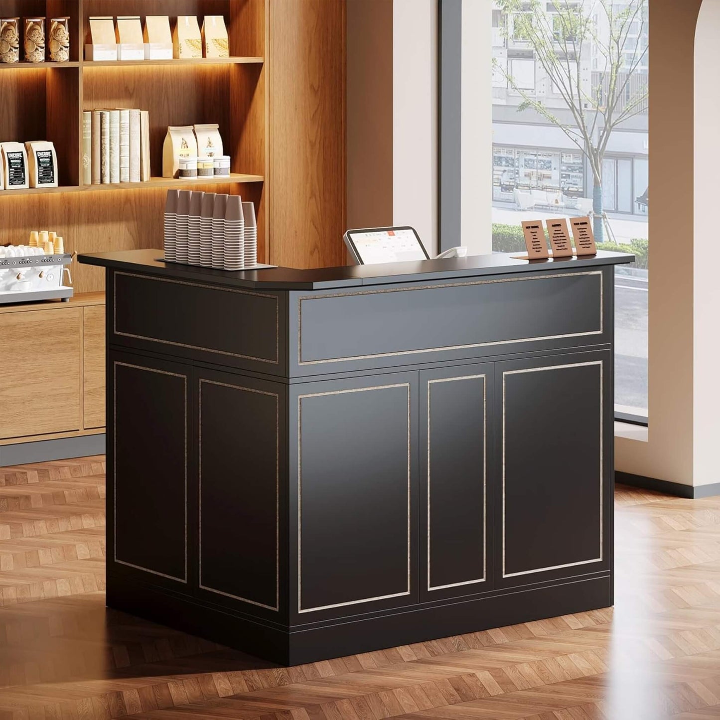 Velmor Modern L-Shaped Reception Desk with Storage Shelves