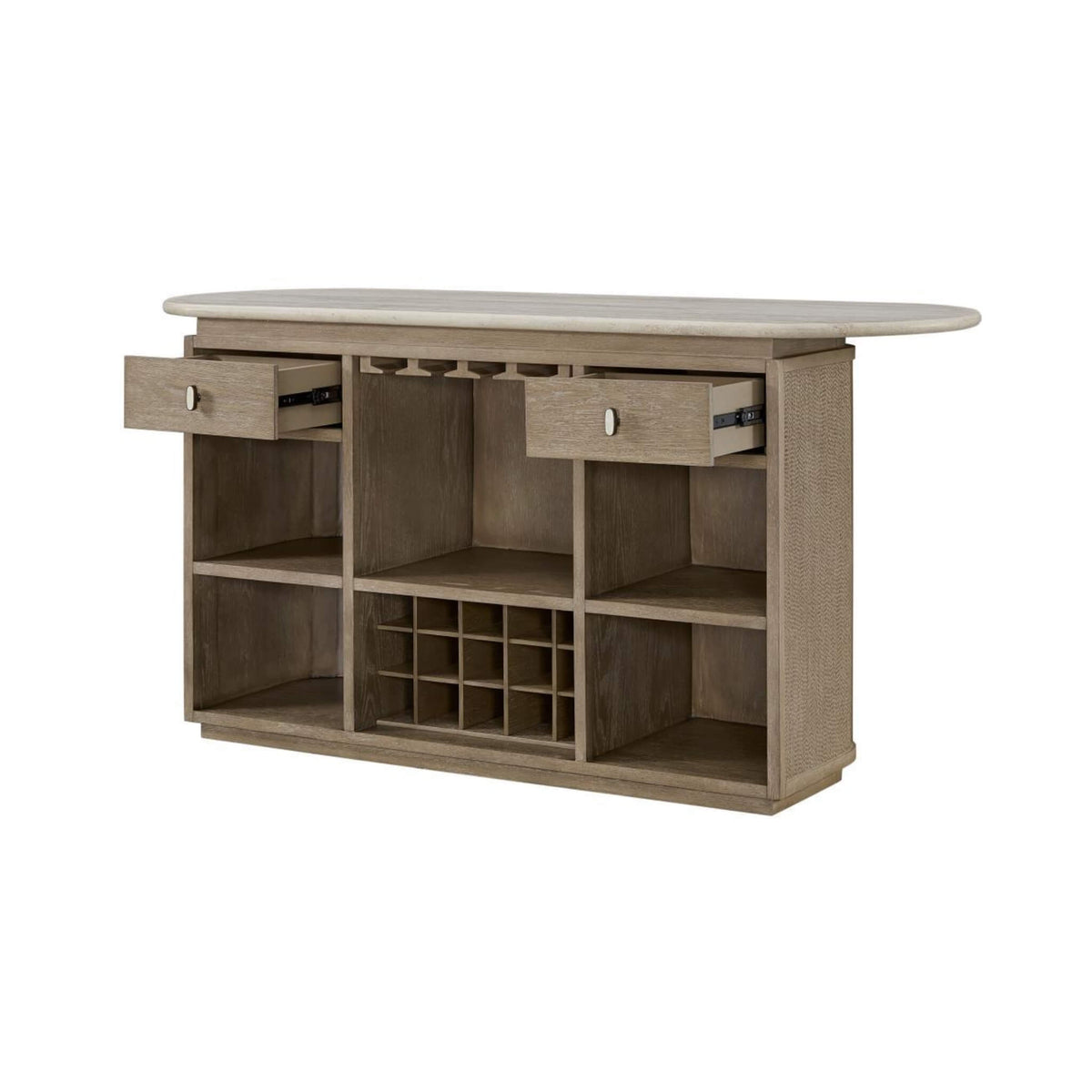 Modern Red Oak Home Bar Cabinet with Travertine Stone Top and Natural Rope Front