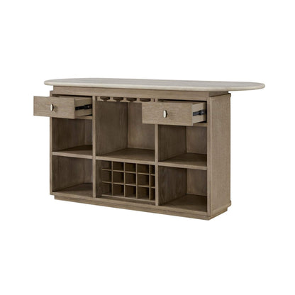 Modern Red Oak Home Bar Cabinet with Travertine Stone Top and Natural Rope Front