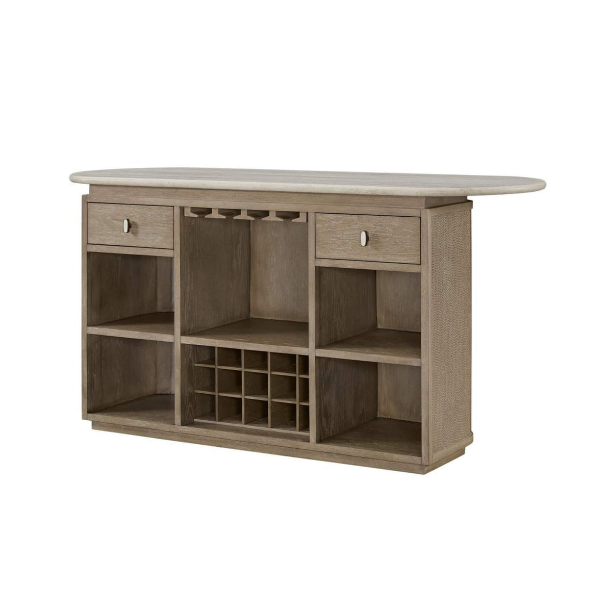 Modern Red Oak Home Bar Cabinet with Travertine Stone Top and Natural Rope Front