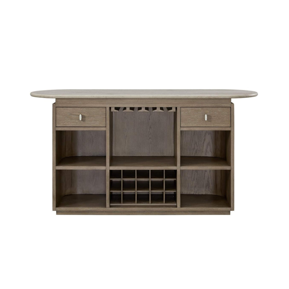 Modern Red Oak Home Bar Cabinet with Travertine Stone Top and Natural Rope Front