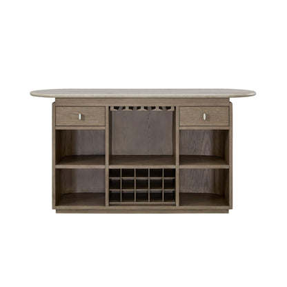 Modern Red Oak Home Bar Cabinet with Travertine Stone Top and Natural Rope Front