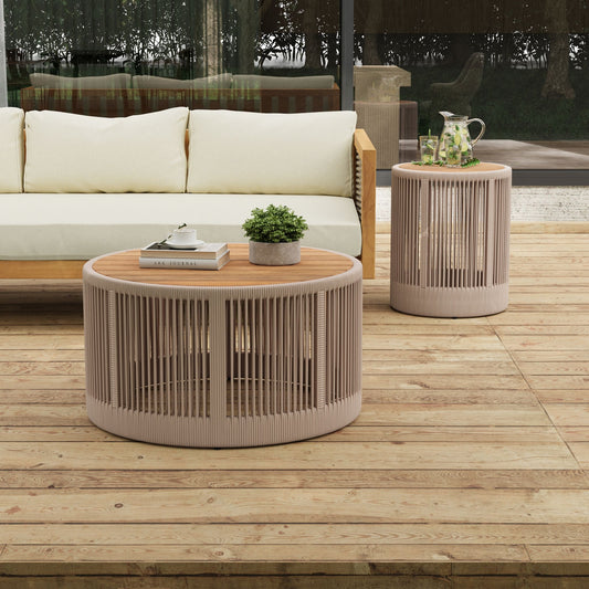 Modern Rustic Coffee Table & Side Table With Woven Rope Design