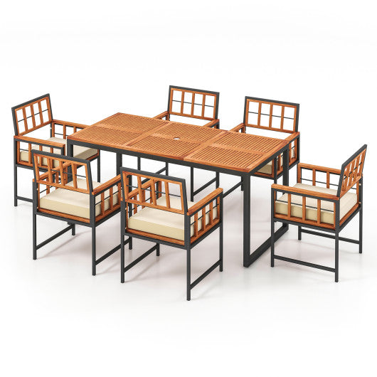 7 Pieces Patio Acacia Wood Dining Set with Soft Cushions and Umbrella Hole - Natural