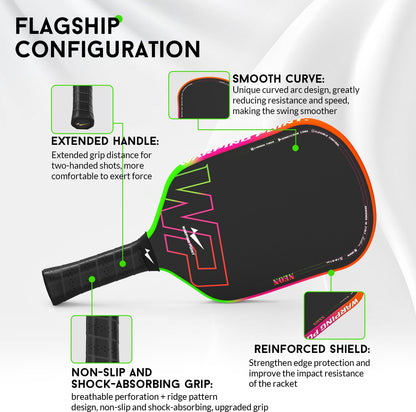 Strong, Stylish & Durable Neon Pickleball Paddle 16mm Core in Green, Pink & Orange