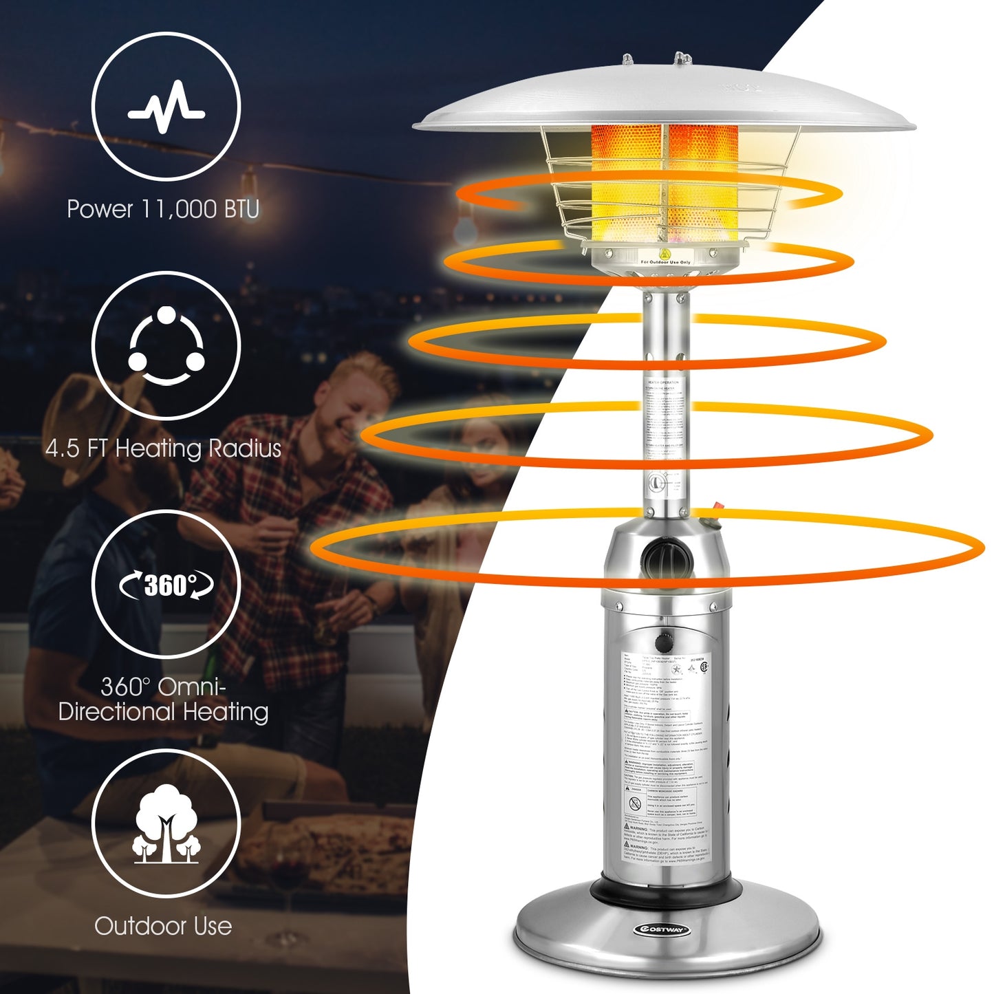 11 000 BTU Portable Tabletop Propane Patio Standing Heater-Black