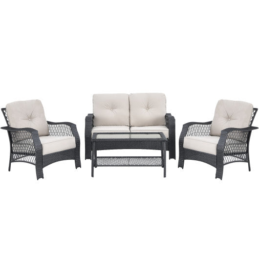 4 Pieces Patio Wicker Furniture Set Loveseat Sofa Coffee Table with Cushion - Beige