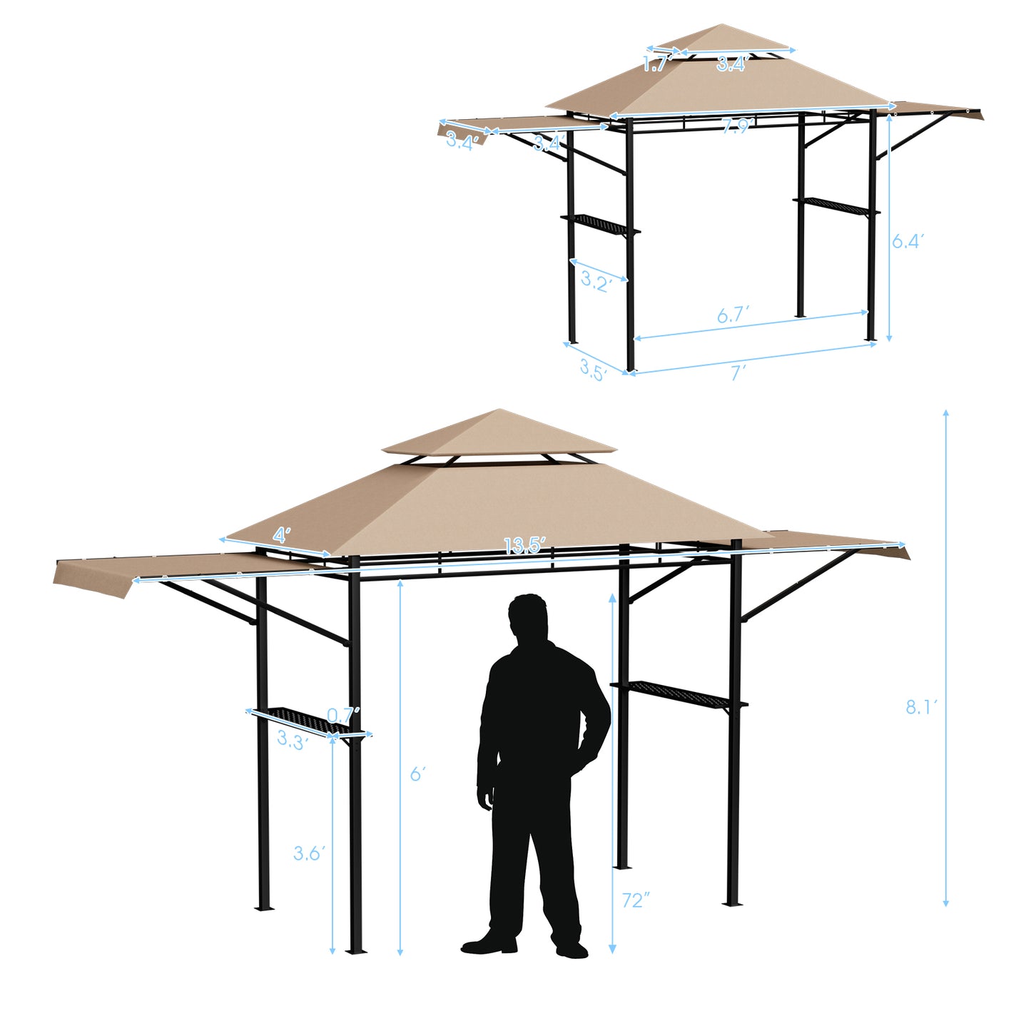 13.5 x 4 Feet Patio BBQ Grill Gazebo Canopy with Dual Side Awning