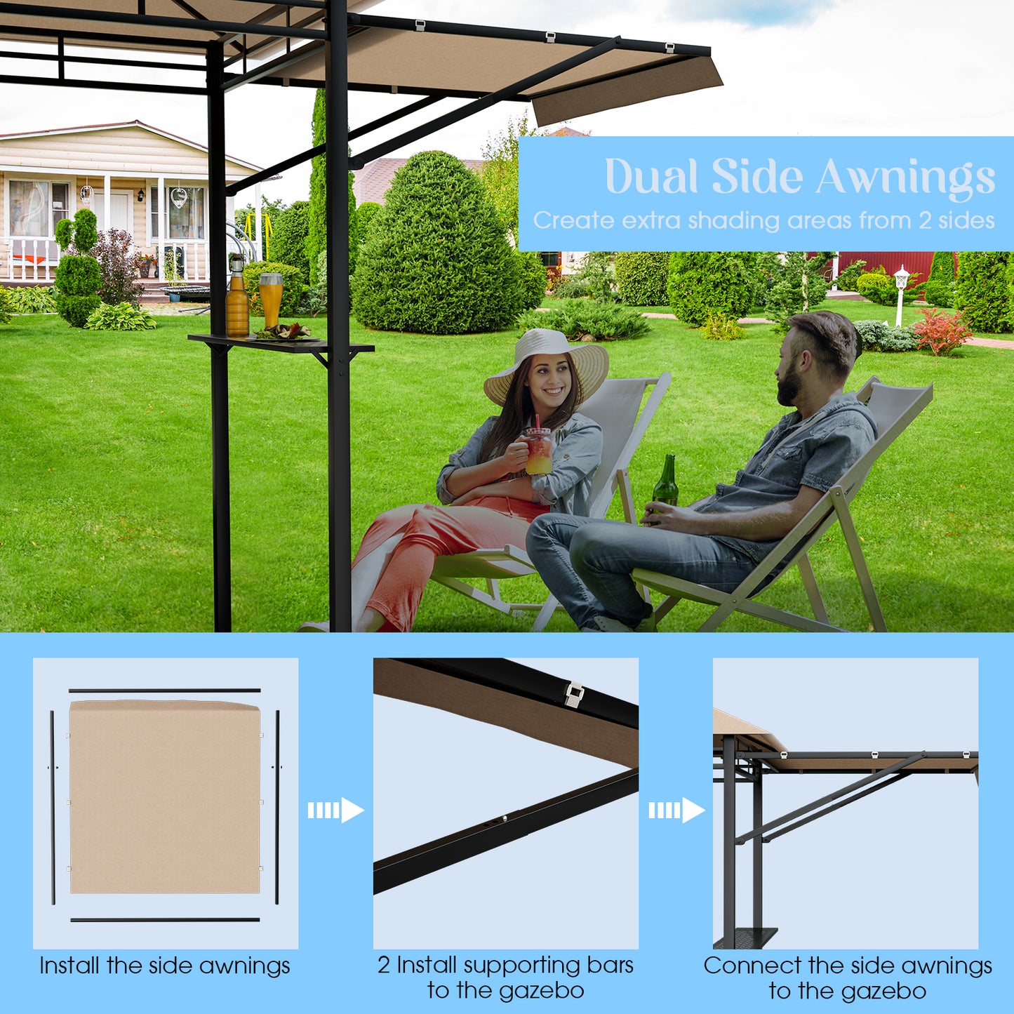 13.5 x 4 Feet Patio BBQ Grill Gazebo Canopy with Dual Side Awning