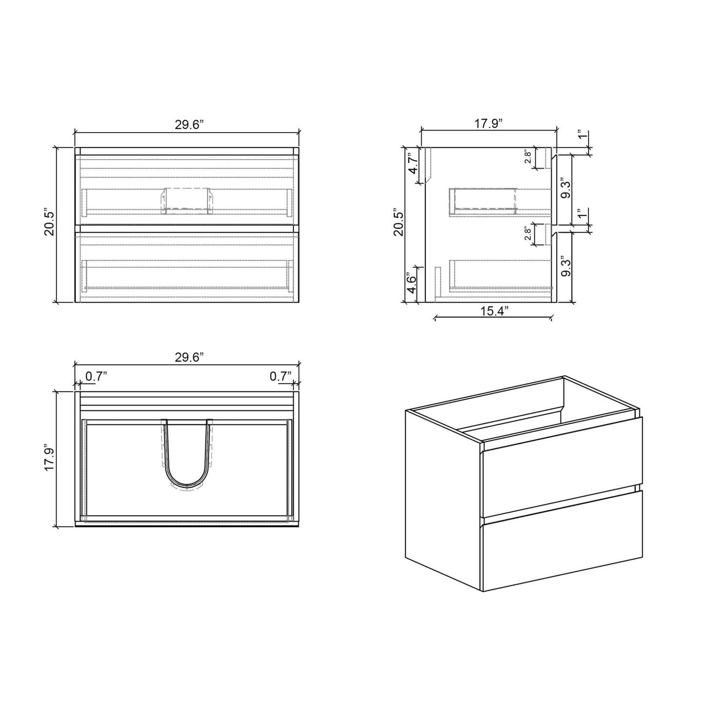 Nuvia 30-Inch Wall-Mounted Bathroom Vanity With Black Sink And Drawers
