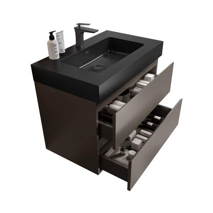 Nuvia 30-Inch Wall-Mounted Bathroom Vanity With Black Sink And Drawers