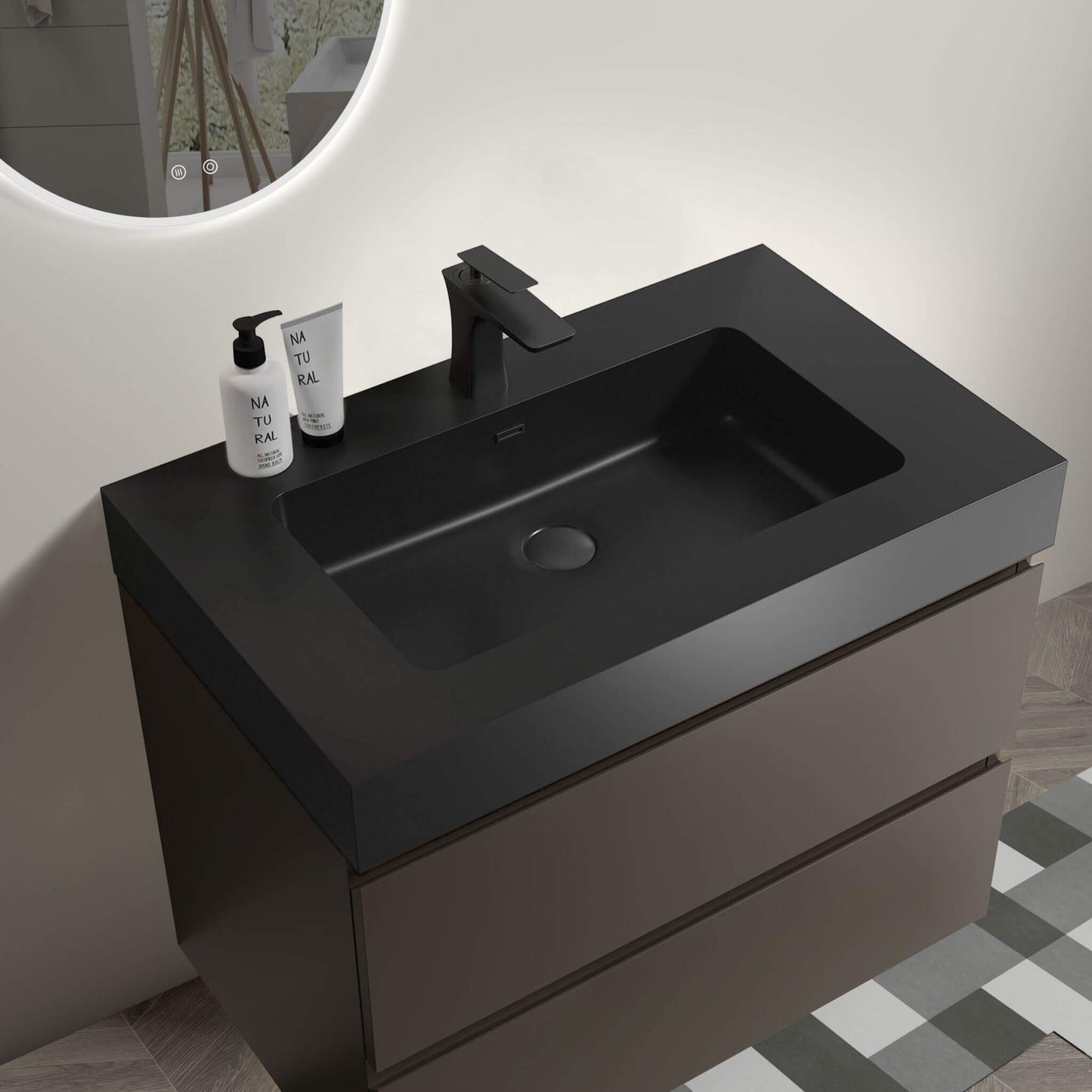 Nuvia 30-Inch Wall-Mounted Bathroom Vanity With Black Sink And Drawers