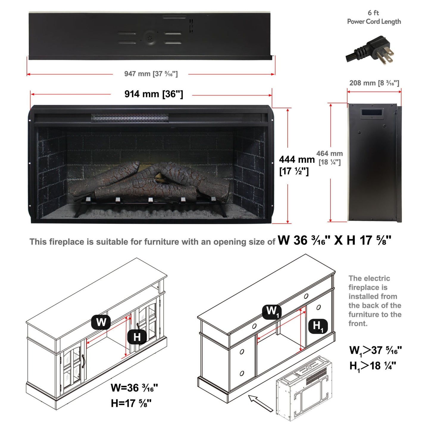 Nuvia 36-Inch Electric Antique Black Touch Panel Infrared Fireplace Insert with Removable Trim Kit