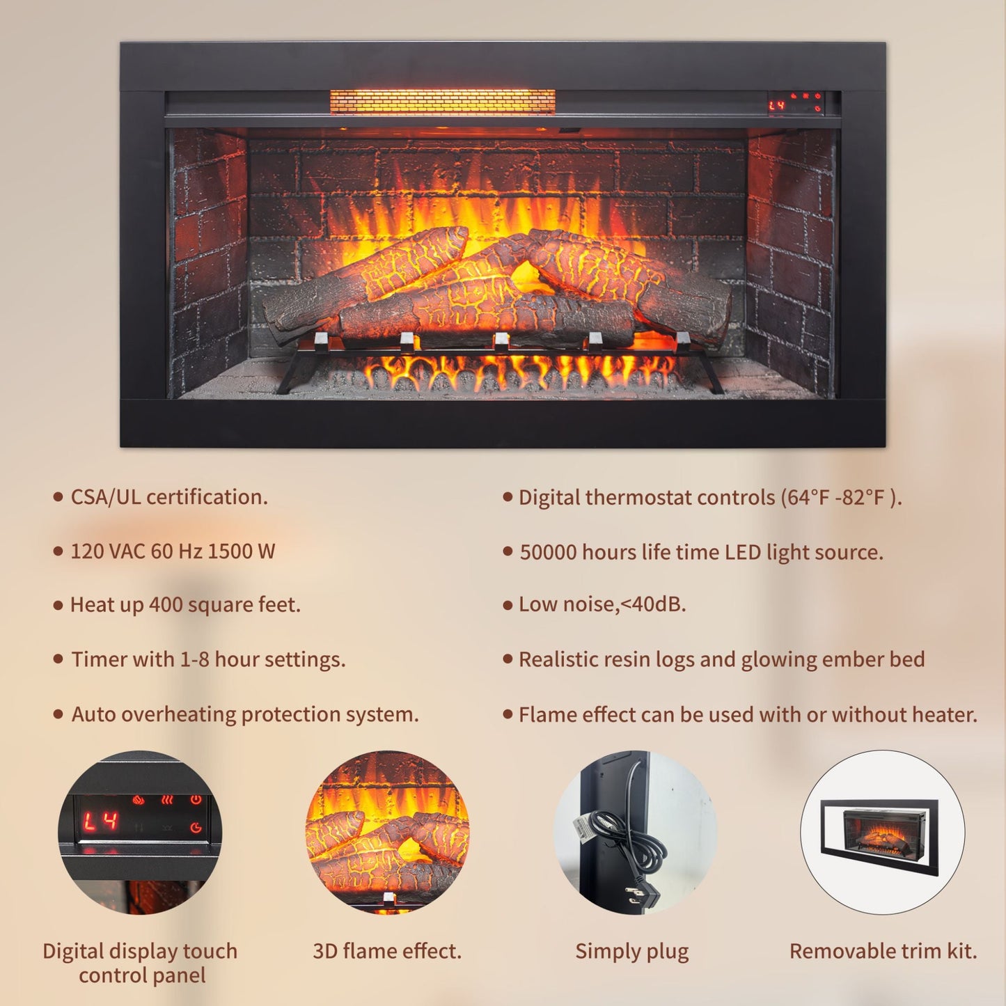 Nuvia 36-Inch Electric Antique Black Touch Panel Infrared Fireplace Insert with Removable Trim Kit