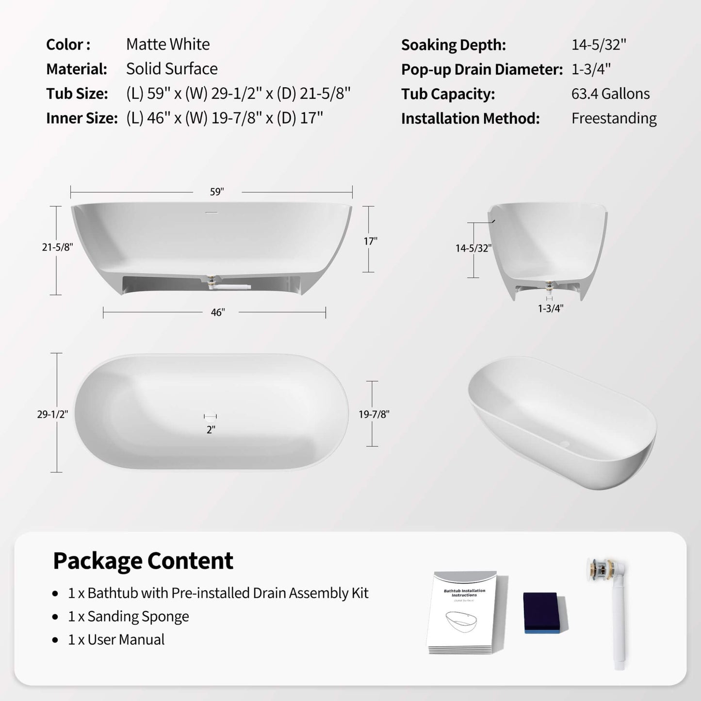 Nuvia 59-Inch Luxury Solid Surface Matte White Freestanding Soaking Tub