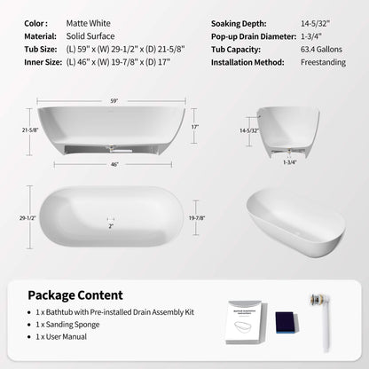 Nuvia 59-Inch Luxury Solid Surface Matte White Freestanding Soaking Tub