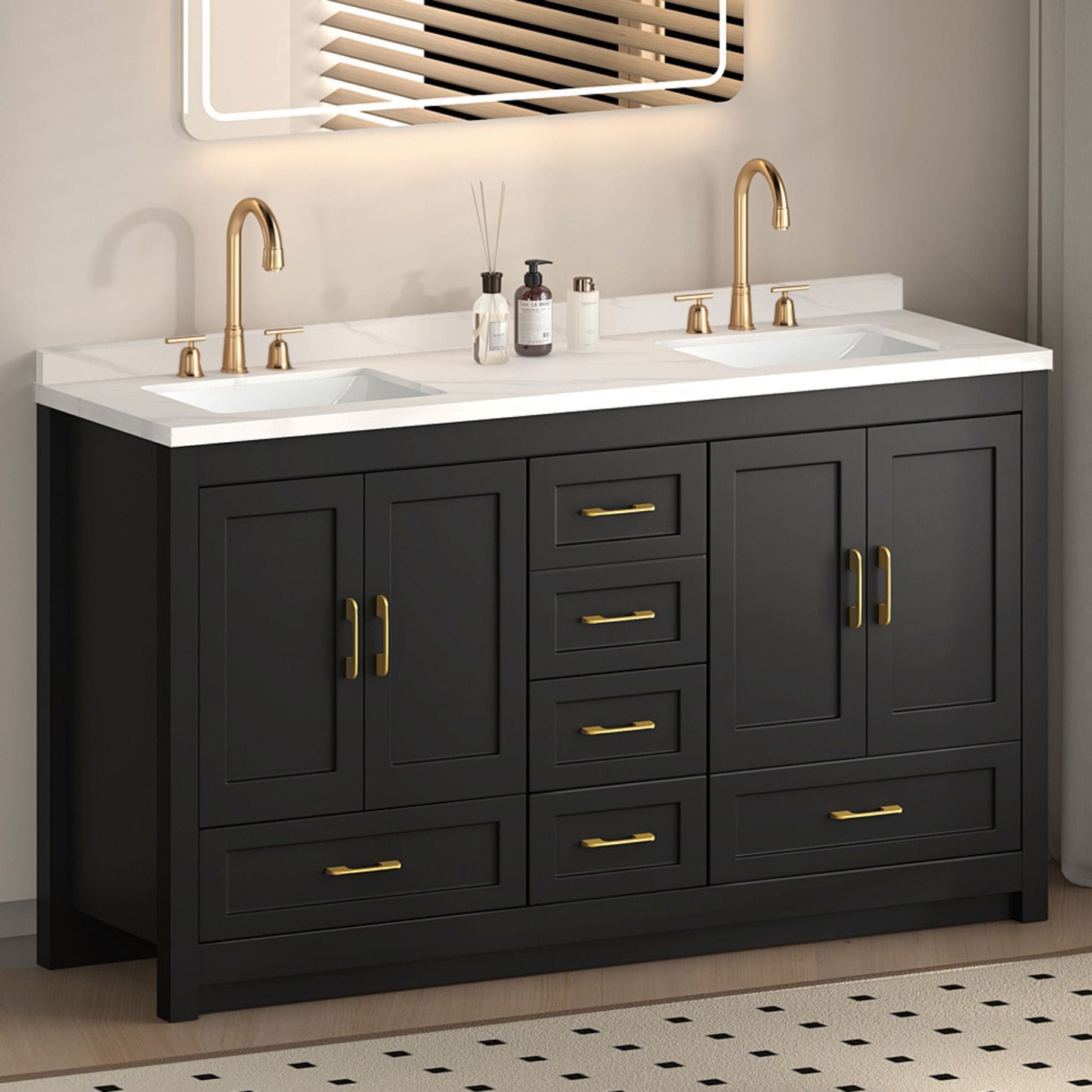 Nuvia 60-Inch Black Bathroom Vanity with Soft Close Doors and Drawers Storage