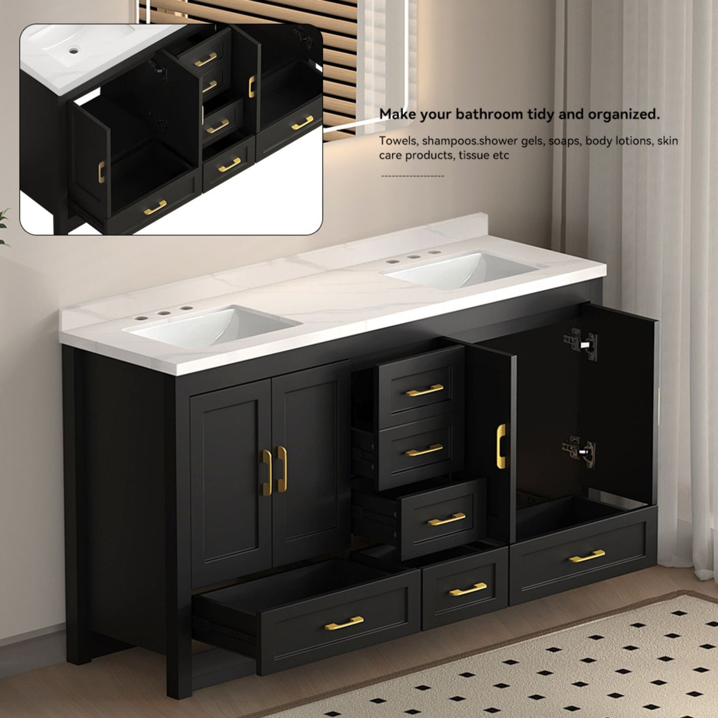 Nuvia 60-Inch Black Bathroom Vanity with Soft Close Doors and Drawers Storage
