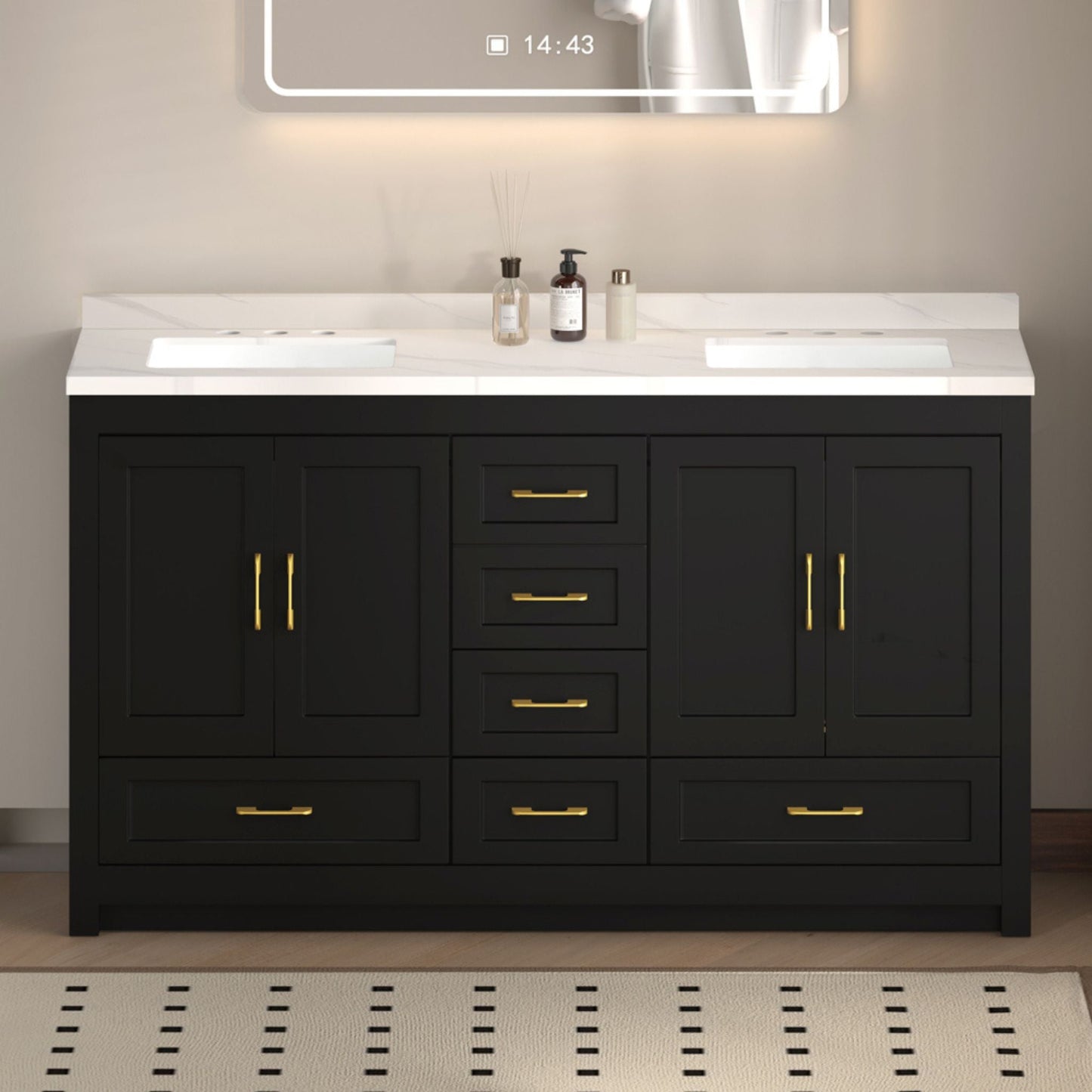 Nuvia 60-Inch Black Bathroom Vanity with Soft Close Doors and Drawers Storage