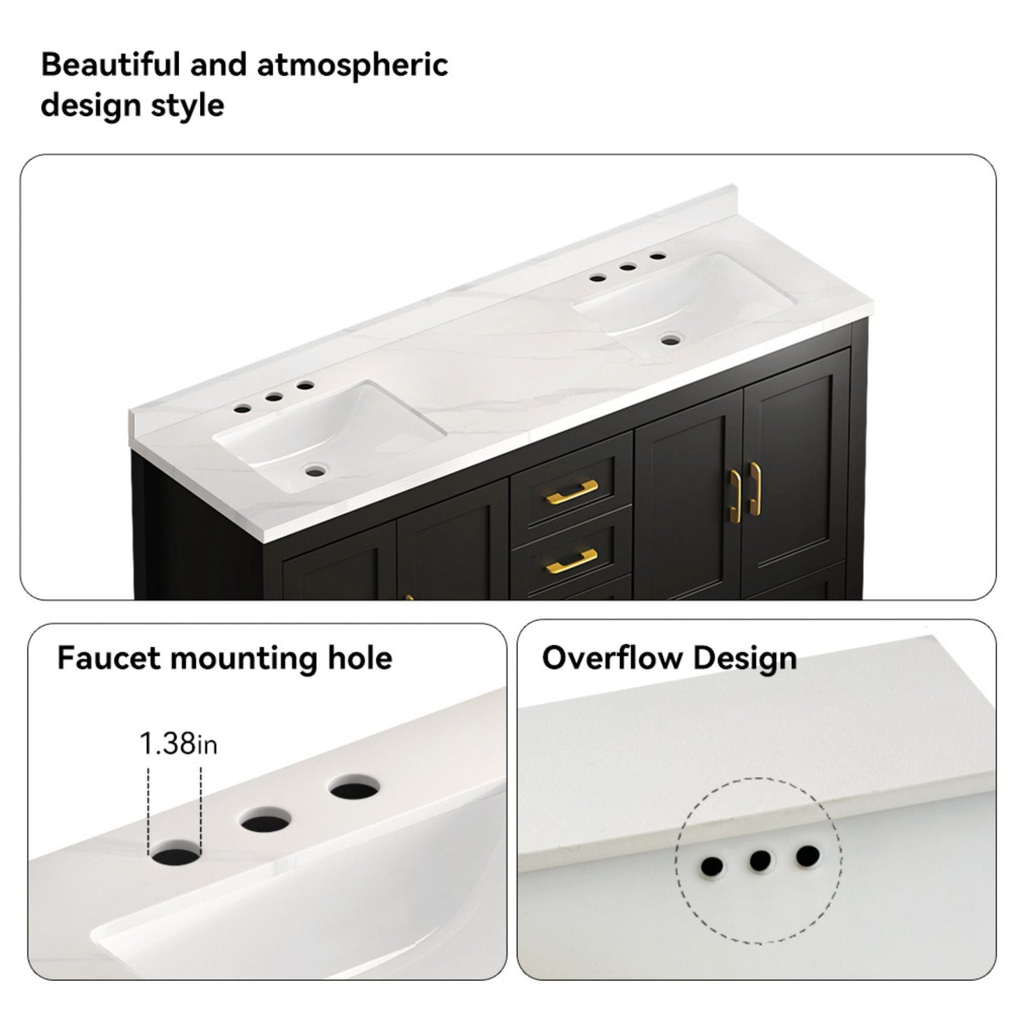 Nuvia 60-Inch Black Bathroom Vanity with Soft Close Doors and Drawers Storage