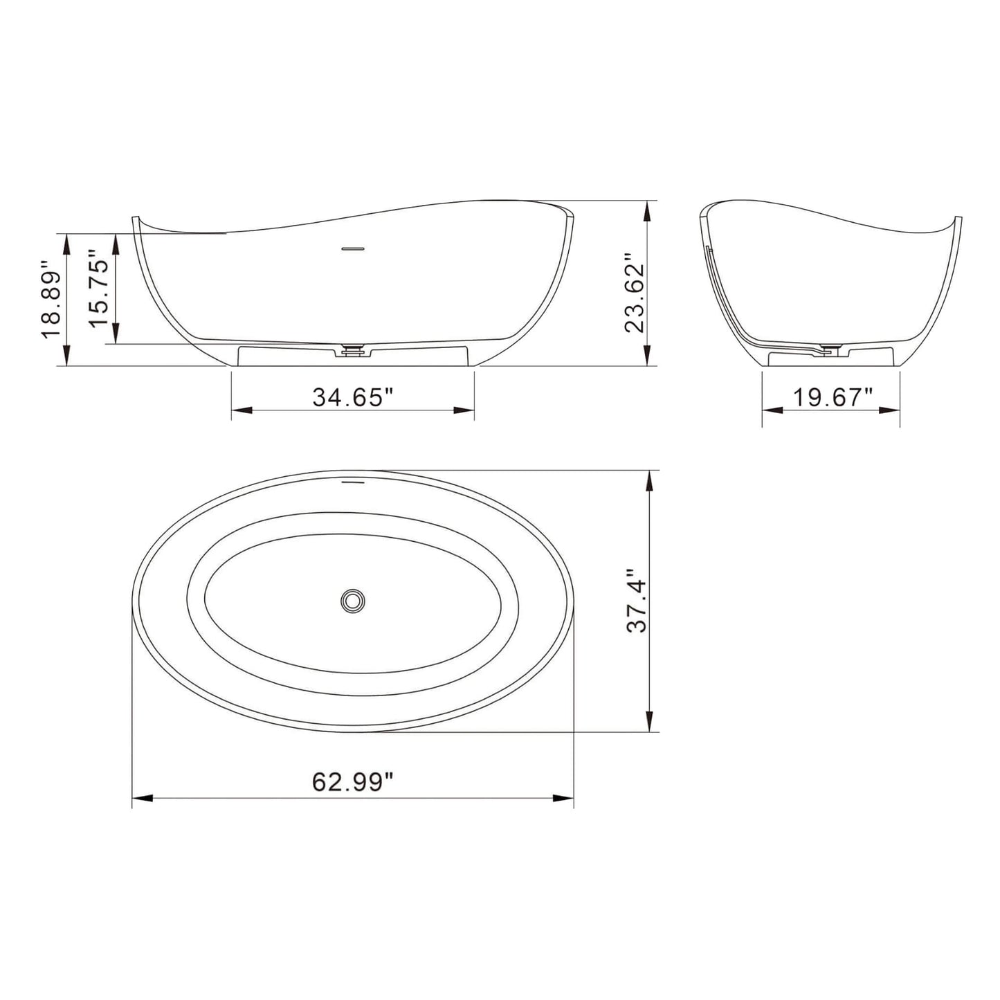 Nuvia 63-Inch Modern Freestanding Single-Piece Matte Black Finish Stone Resin Bathtub