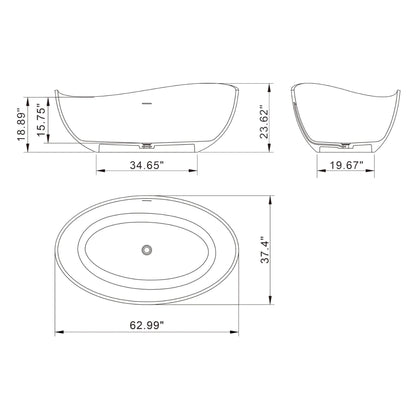Nuvia 63-Inch Modern Freestanding Single-Piece Matte Black Finish Stone Resin Bathtub
