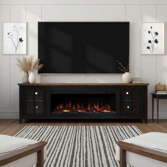 Nuvia 83-Inch Bourbon Black TV Stand With Fireplace And Glass Windowpane Doors