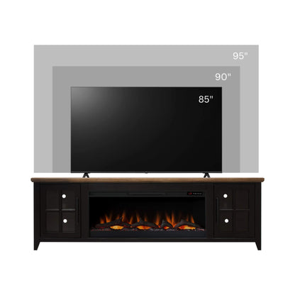 Nuvia 83-Inch Bourbon Black TV Stand With Fireplace And Glass Windowpane Doors