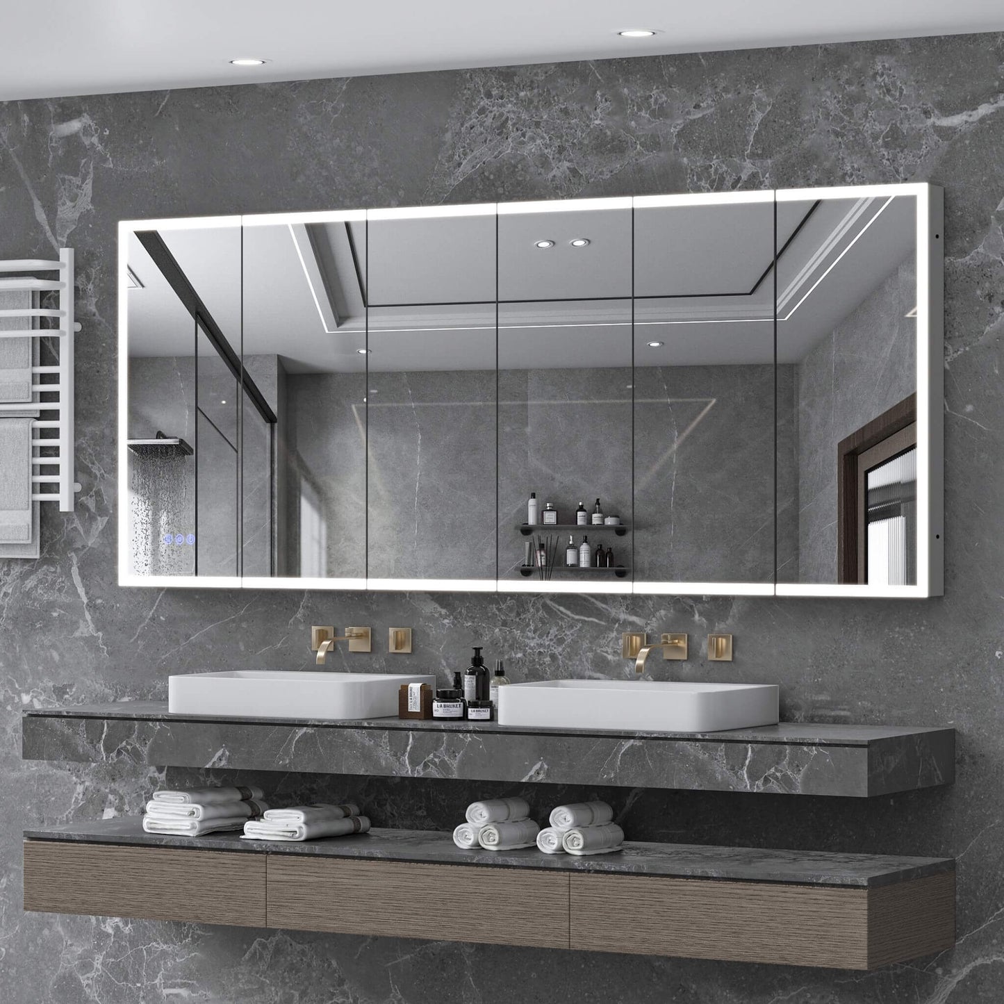 96" x 40" Nuvia Wall-Mounted Medicine Cabinet Mirror With Anti-Fog And Tri-Color LED Lights