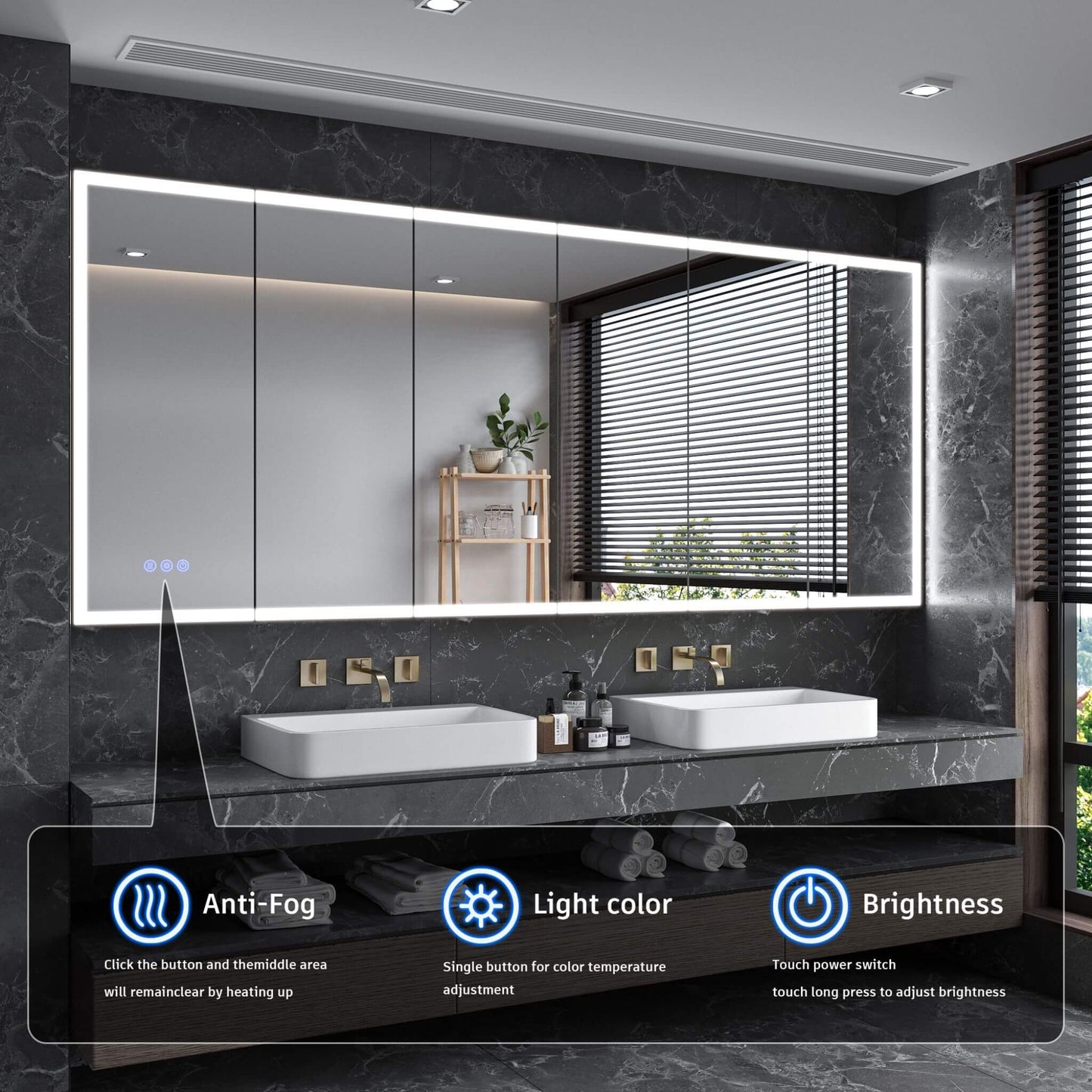 96" x 40" Nuvia Wall-Mounted Medicine Cabinet Mirror With Anti-Fog And Tri-Color LED Lights
