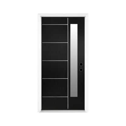 36" x 80" Inch Nuvia Black Modern Left Inswing Fiberglass Entry Door with Frosted Glass