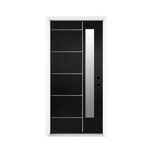 36" x 80" Inch Nuvia Black Modern Left Inswing Fiberglass Entry Door with Frosted Glass