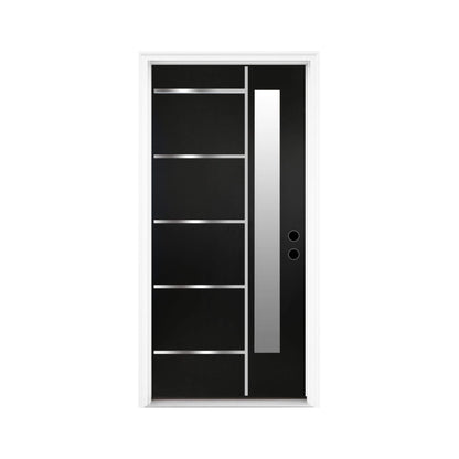 36" x 80" Inch Nuvia Black Modern Left Inswing Fiberglass Front Door with Frosted Glass [4-9/16 Frame]