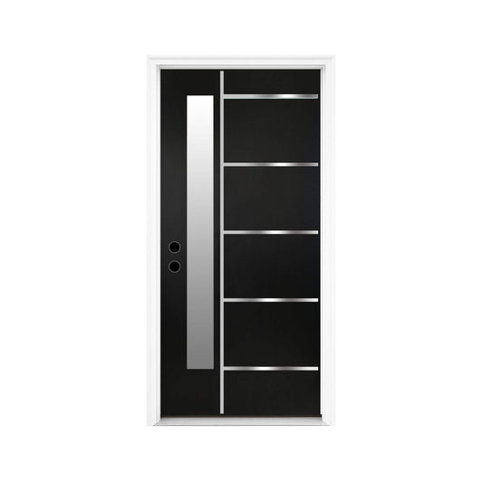36" x 80" Inch Nuvia Modern Frosted Glass Black Fiberglass Front Door with Right Inswing