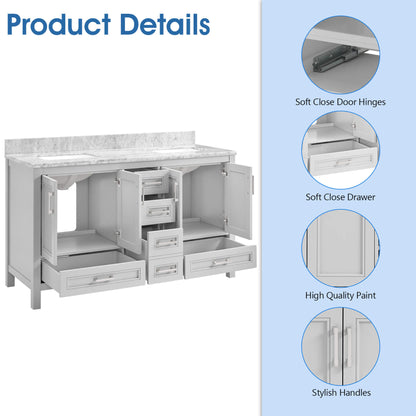 Nuvia Premium 60-Inch Freestanding Double Sink Bathroom Vanity With Carrara Marble Top