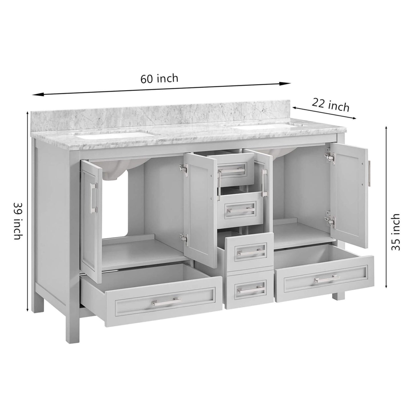 Nuvia Premium 60-Inch Freestanding Double Sink Bathroom Vanity With Carrara Marble Top