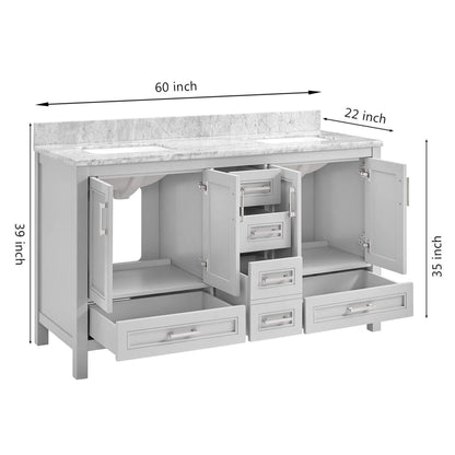 Nuvia Premium 60-Inch Freestanding Double Sink Bathroom Vanity With Carrara Marble Top